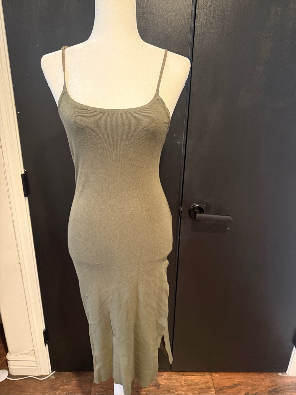 Olive Green Ribbed Slip Midi Dress